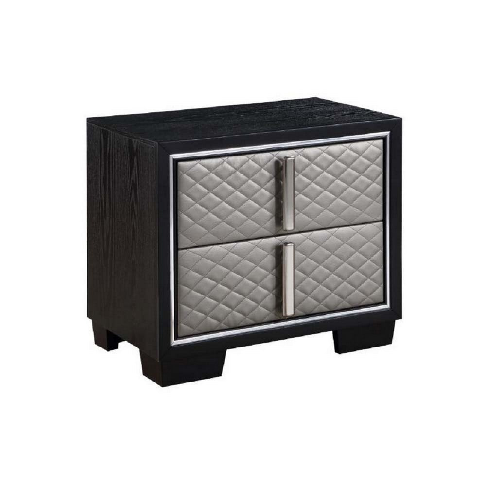 Benjara Fiz 28 Inch Modern Nightstand, Quilted Faux Leather Front, Silver, Black