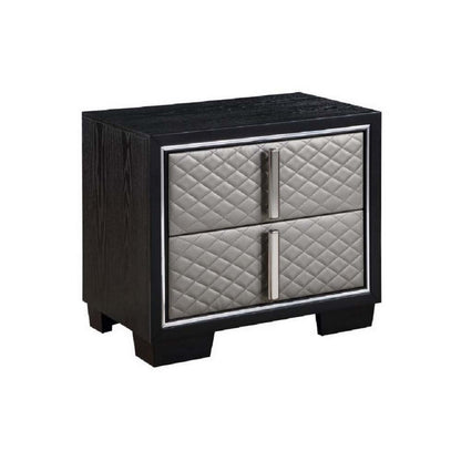 Benjara Fiz 28 Inch Modern Nightstand, Quilted Faux Leather Front, Silver, Black