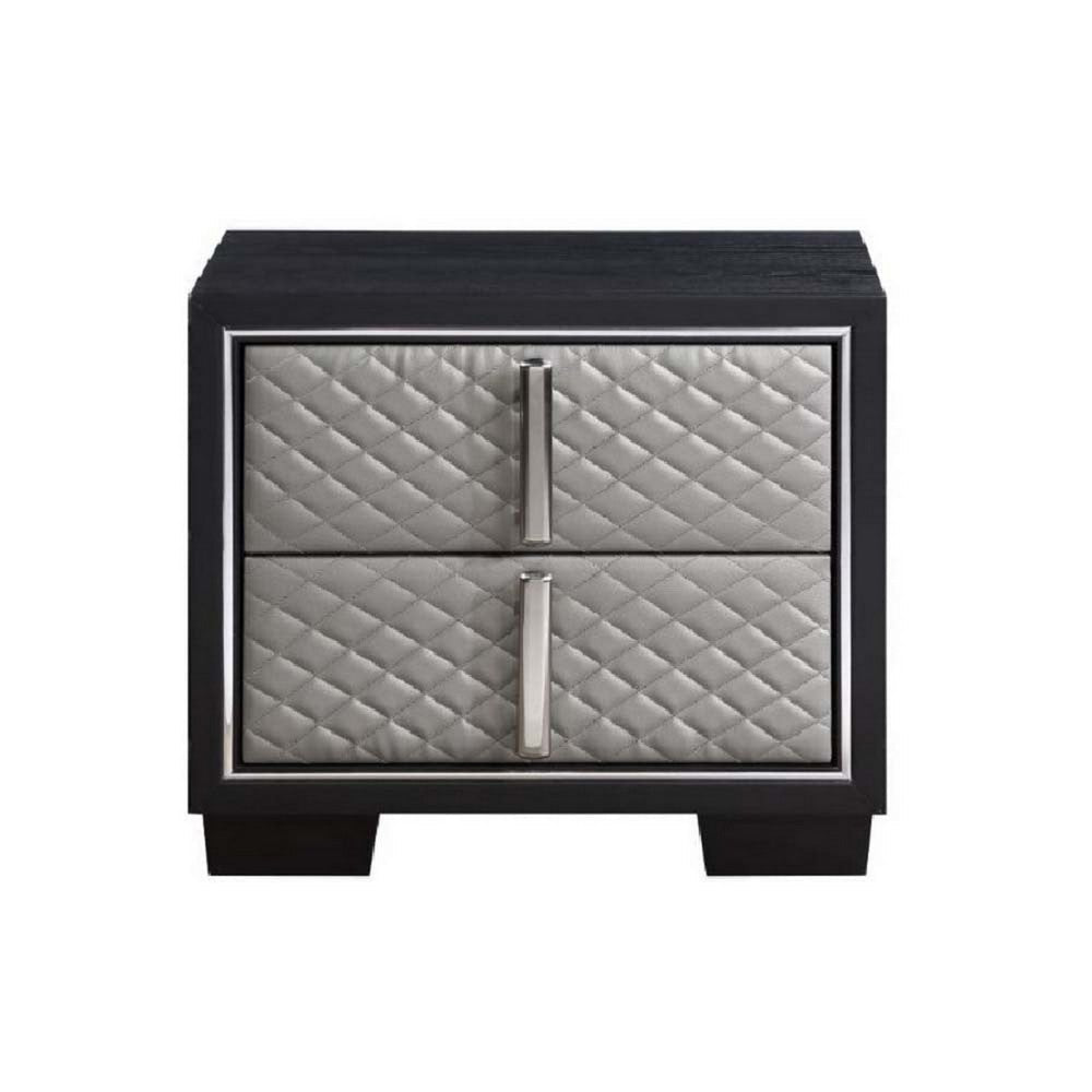 Benjara Fiz 28 Inch Modern Nightstand, Quilted Faux Leather Front, Silver, Black
