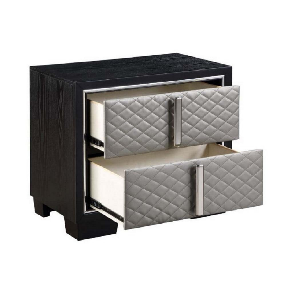 Benjara Fiz 28 Inch Modern Nightstand, Quilted Faux Leather Front, Silver, Black
