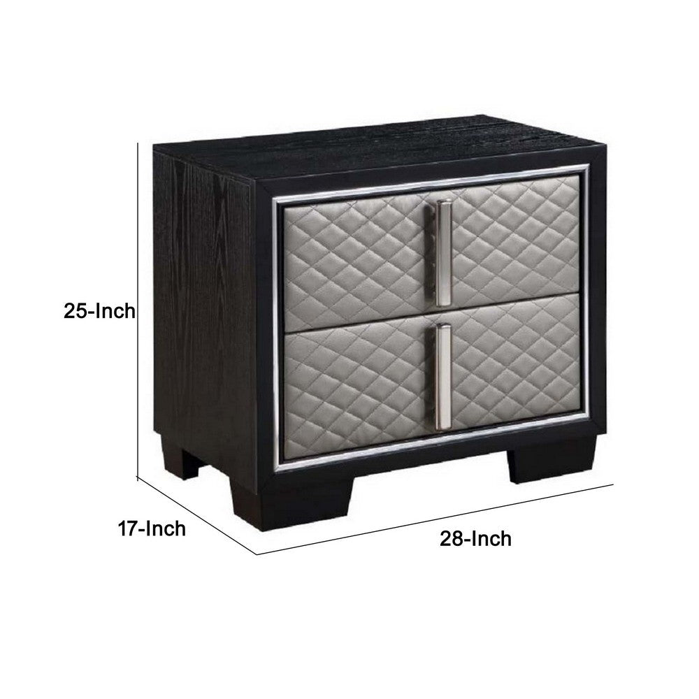 Benjara Fiz 28 Inch Modern Nightstand, Quilted Faux Leather Front, Silver, Black