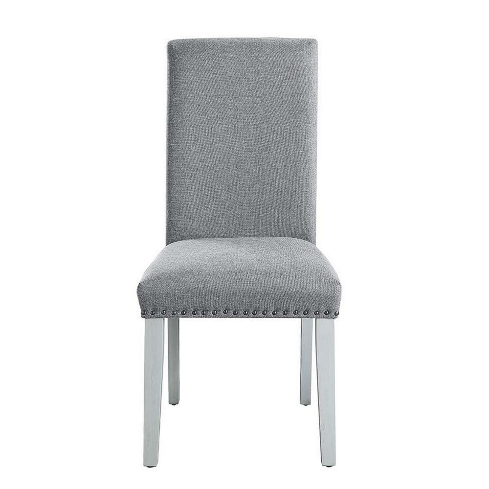 Benjara 18 Inch Wood Dining Chairs, Set of 2, Silver Nailhead Trim, Gray, White