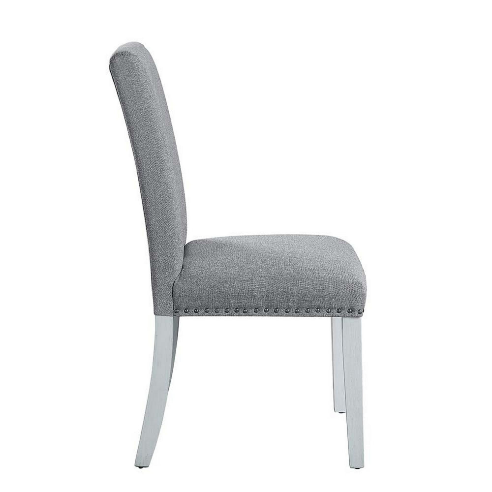 Benjara 18 Inch Wood Dining Chairs, Set of 2, Silver Nailhead Trim, Gray, White