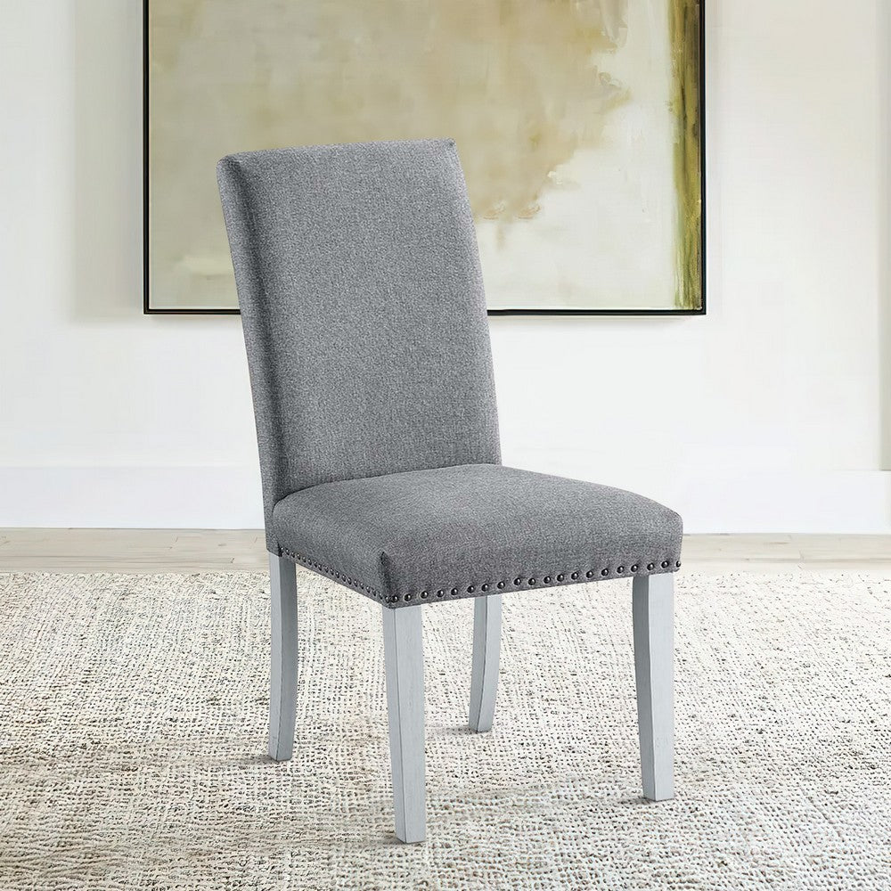 Benjara 18 Inch Wood Dining Chairs, Set of 2, Silver Nailhead Trim, Gray, White