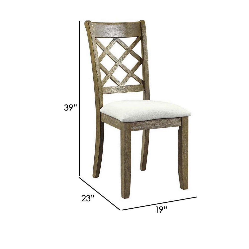 Benjara 23 Inch Wood Dining Chair, Set of 2, Cross Accent Backrest, Padded, Beige