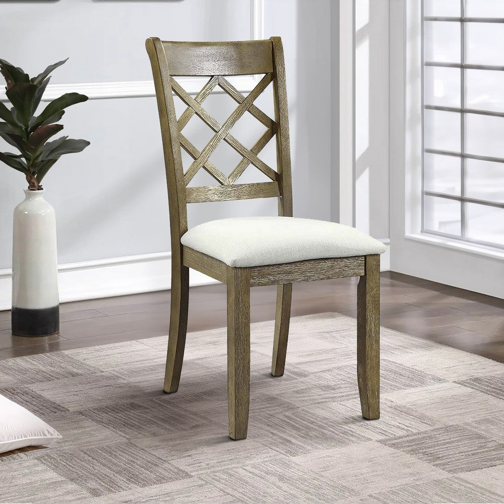 Benjara 23 Inch Wood Dining Chair, Set of 2, Cross Accent Backrest, Padded, Beige