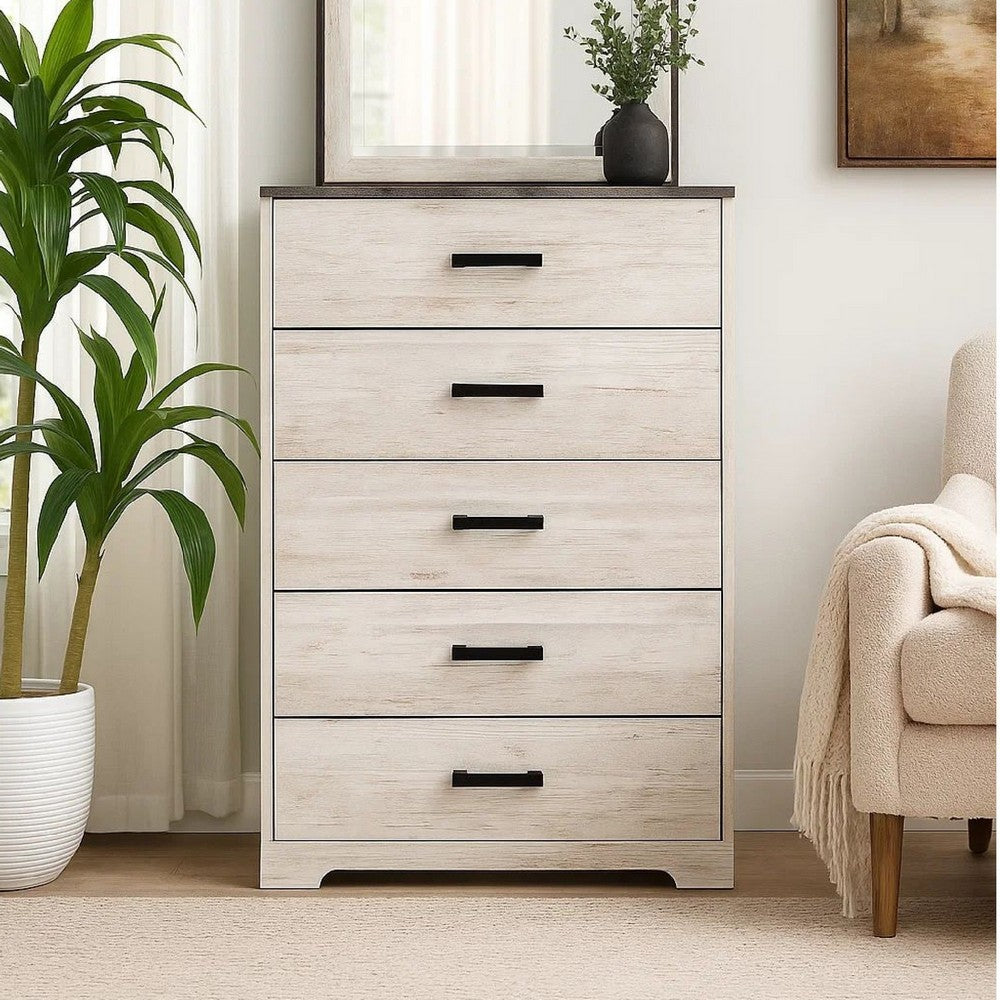 Benjara Wisp 46 Inch Tall Dresser Chest, 5 Drawers, Rustic Smooth White Finish