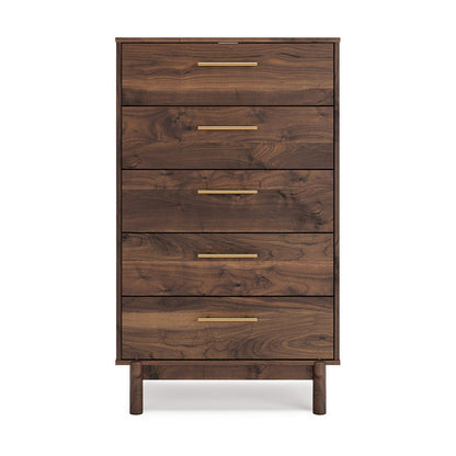 Benjara Kip 50 Inch 5 Drawer Modern Tall Dresser Chest, Dark Brown, Gold Handles