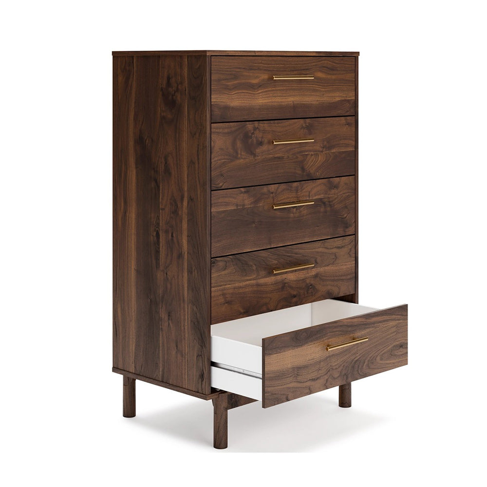 Benjara Kip 50 Inch 5 Drawer Modern Tall Dresser Chest, Dark Brown, Gold Handles