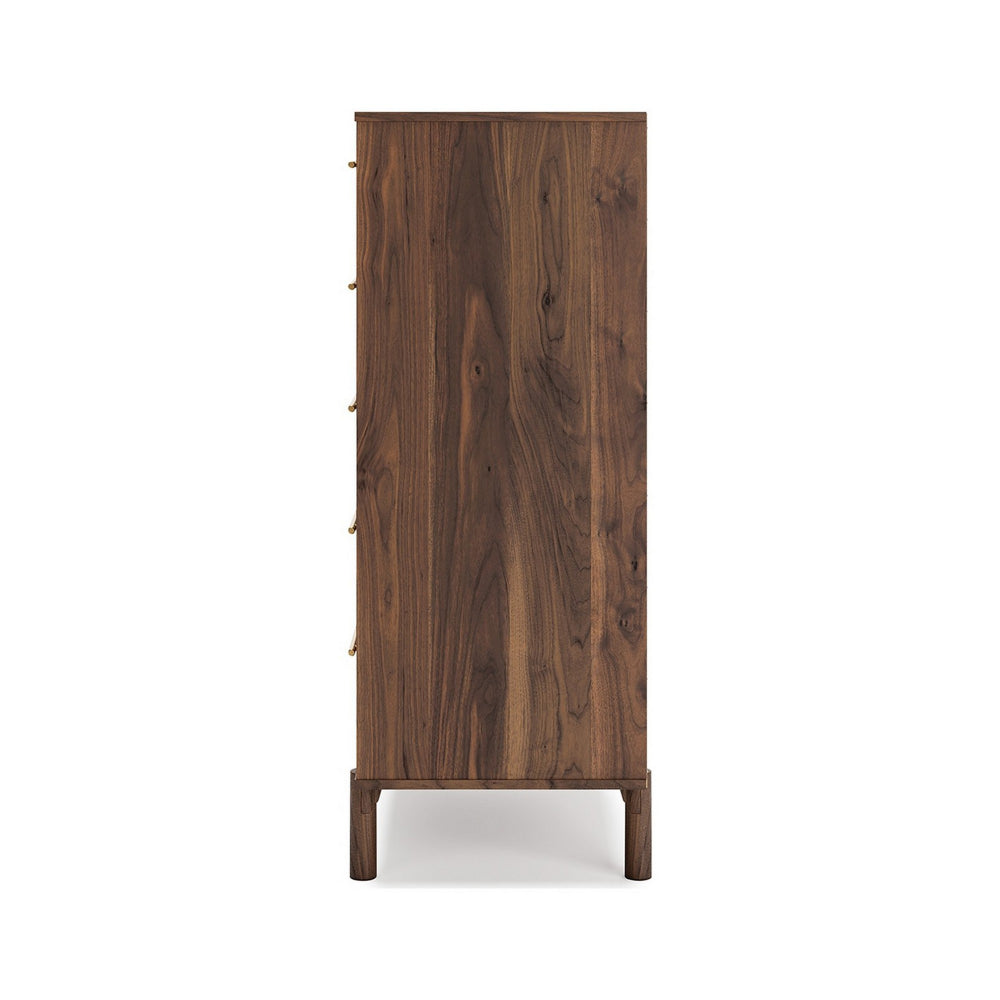 Benjara Kip 50 Inch 5 Drawer Modern Tall Dresser Chest, Dark Brown, Gold Handles