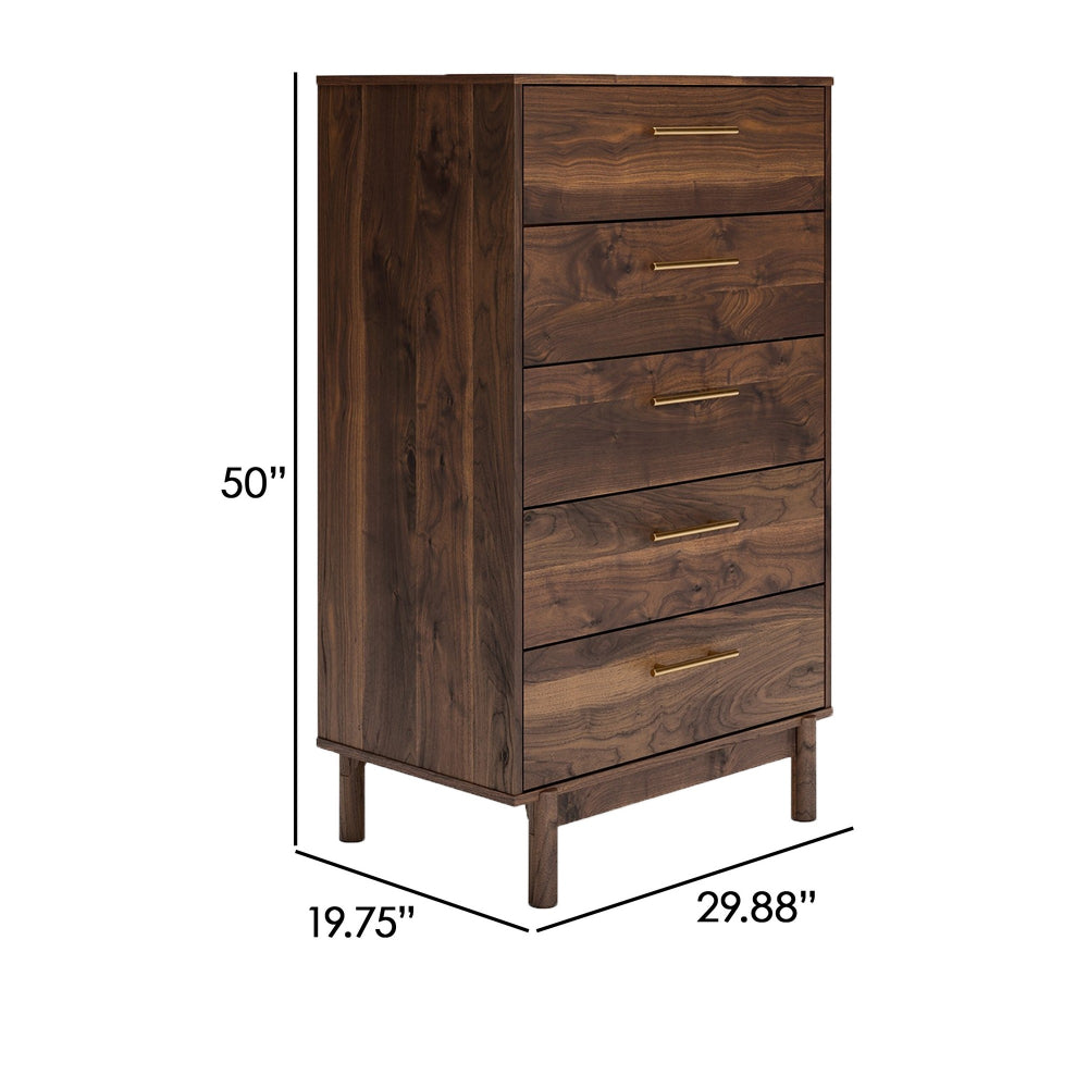 Benjara Kip 50 Inch 5 Drawer Modern Tall Dresser Chest, Dark Brown, Gold Handles
