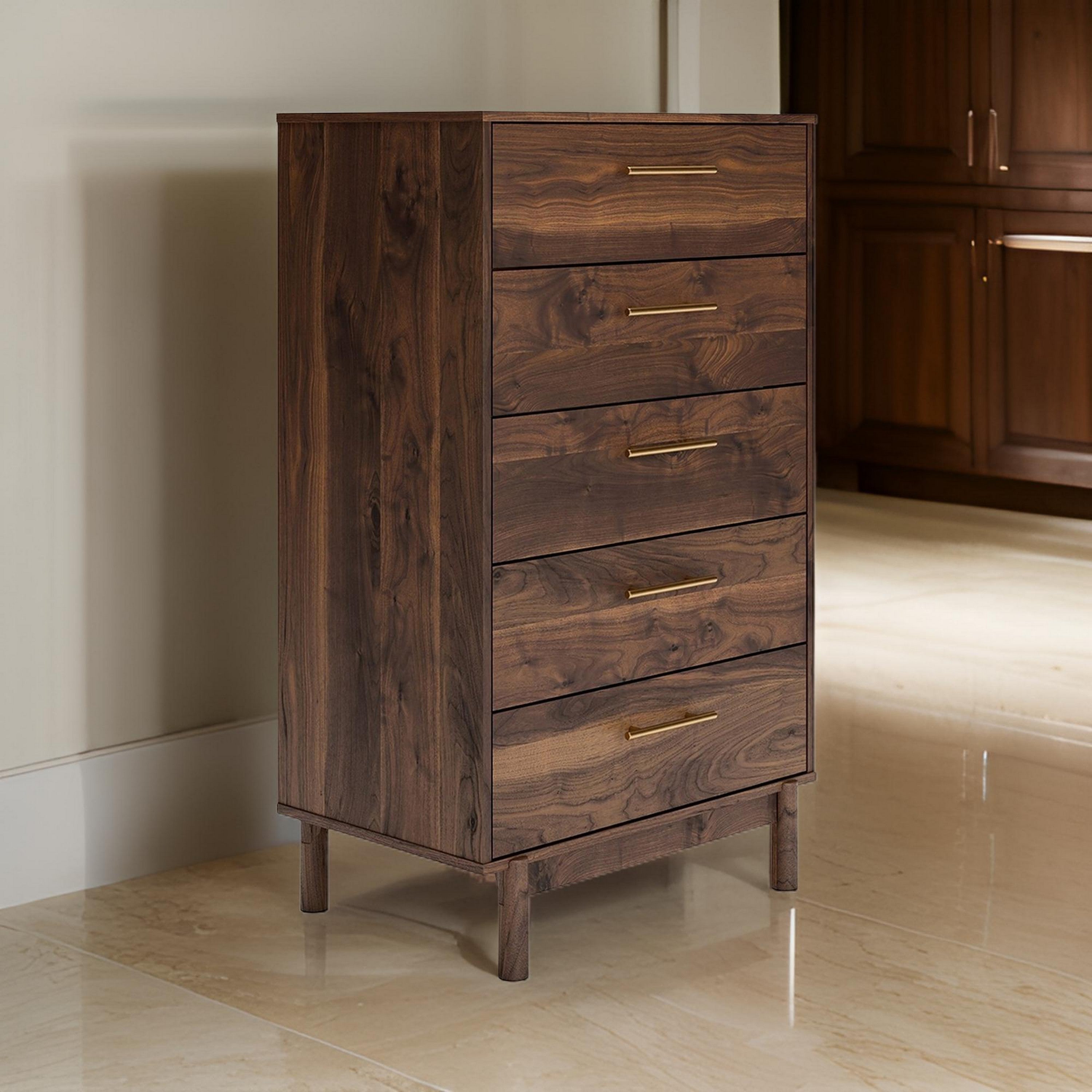 Benjara Kip 50 Inch 5 Drawer Modern Tall Dresser Chest, Dark Brown, Gold Handles