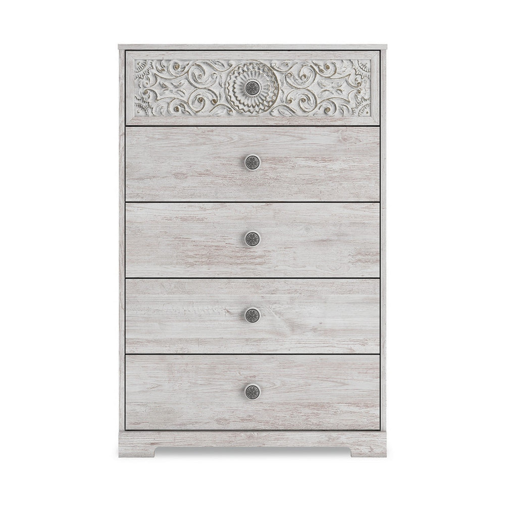 Benjara 46 Inch 5 Drawer Modern Tall Dresser Chest, Whitewashed Carved Design Wood