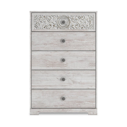 Benjara 46 Inch 5 Drawer Modern Tall Dresser Chest, Whitewashed Carved Design Wood