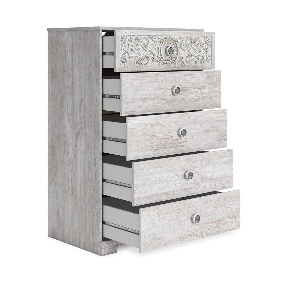 Benjara 46 Inch 5 Drawer Modern Tall Dresser Chest, Whitewashed Carved Design Wood