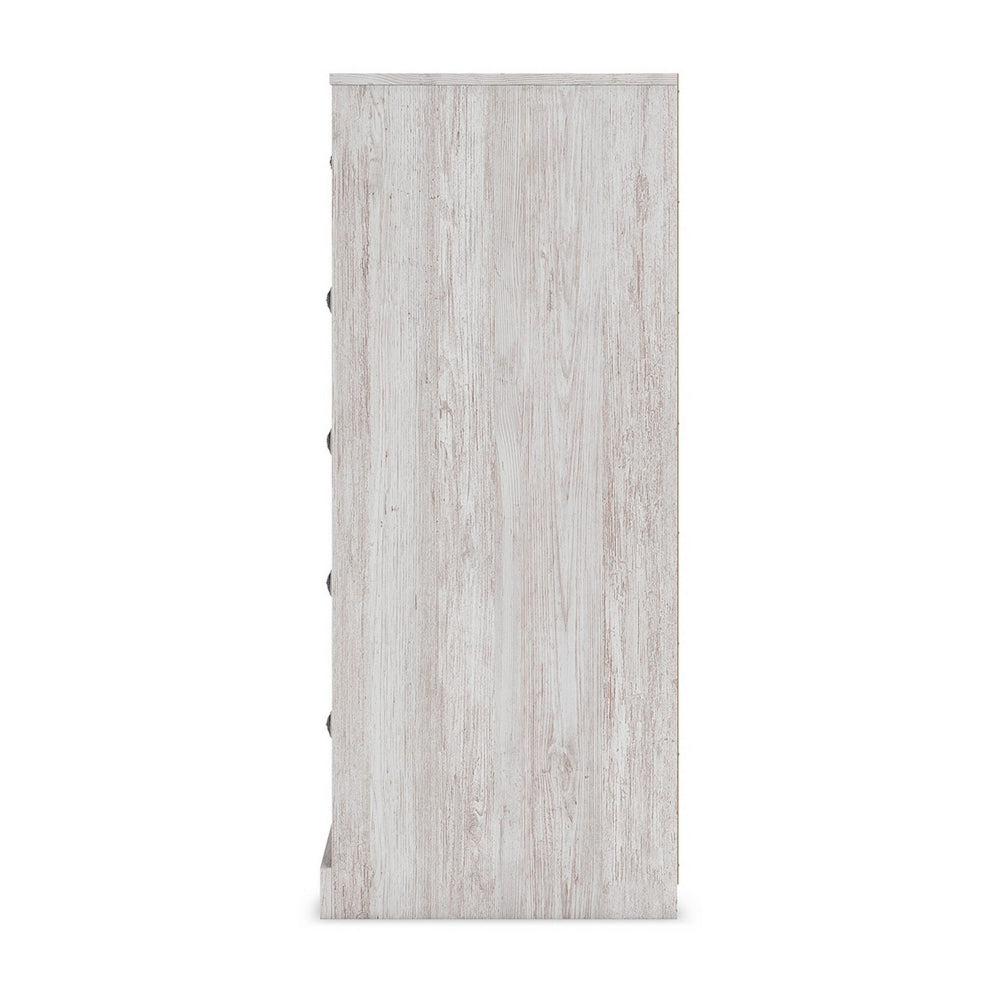Benjara 46 Inch 5 Drawer Modern Tall Dresser Chest, Whitewashed Carved Design Wood