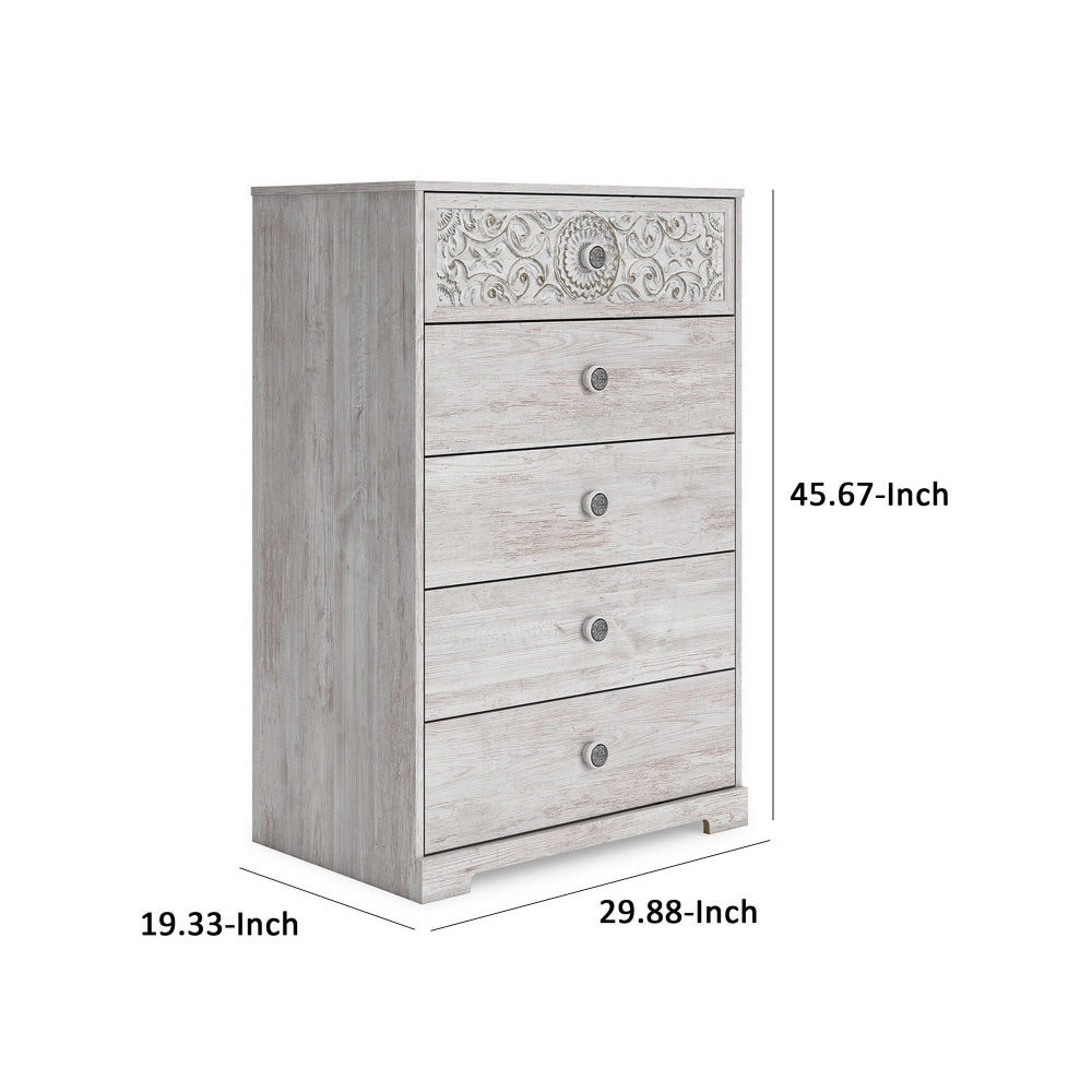 Benjara 46 Inch 5 Drawer Modern Tall Dresser Chest, Whitewashed Carved Design Wood
