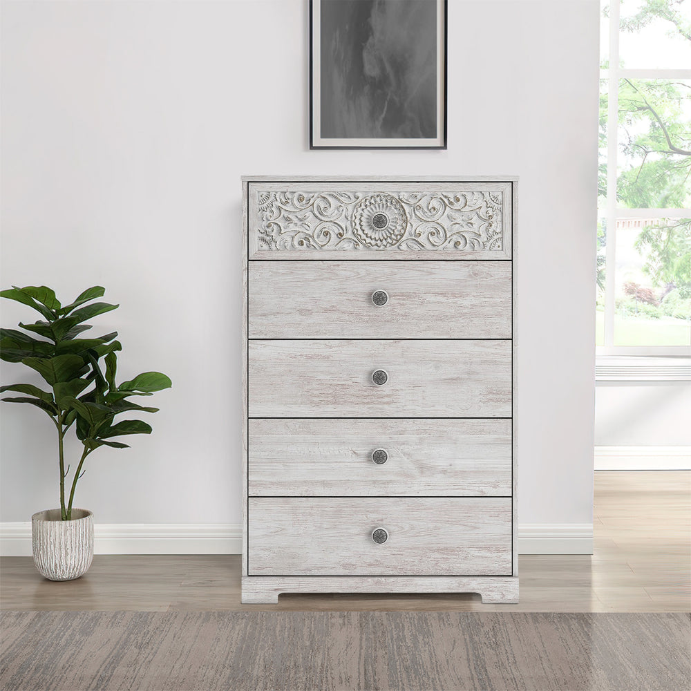 Benjara 46 Inch 5 Drawer Modern Tall Dresser Chest, Whitewashed Carved Design Wood
