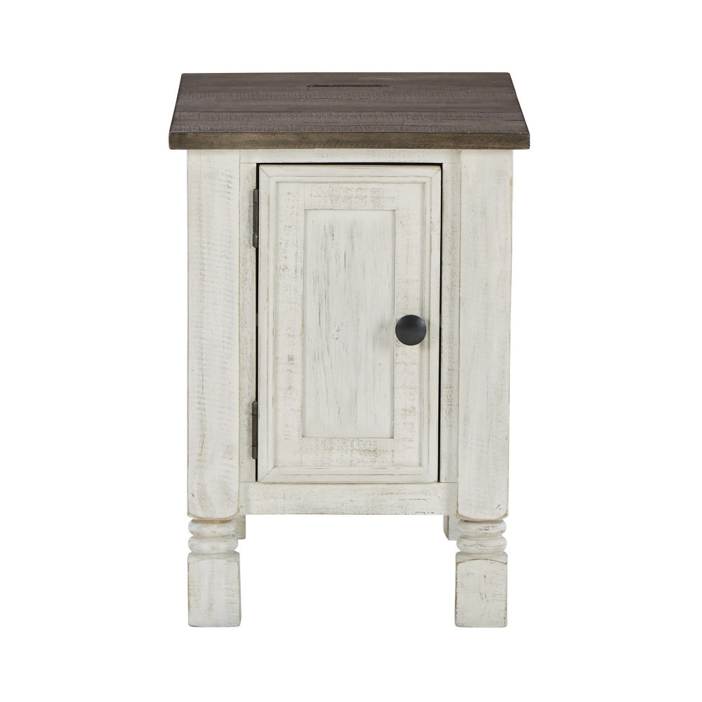 Benjara Tex 24 Inch Chairside End Table, Gray Plank Surface, USB Charger, White
