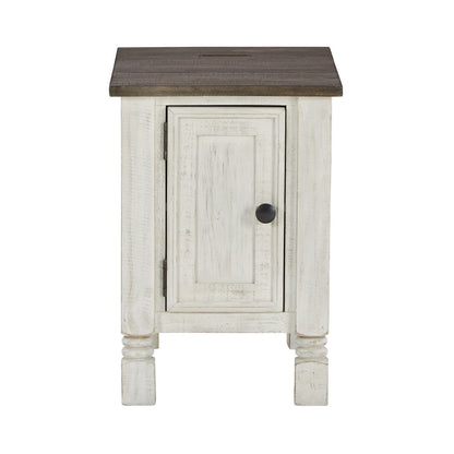Benjara Tex 24 Inch Chairside End Table, Gray Plank Surface, USB Charger, White