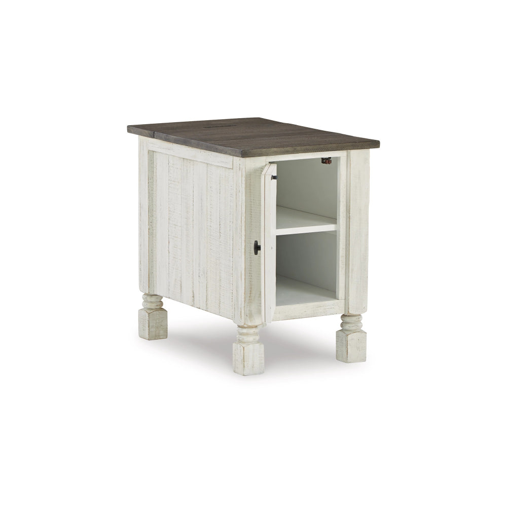 Benjara Tex 24 Inch Chairside End Table, Gray Plank Surface, USB Charger, White