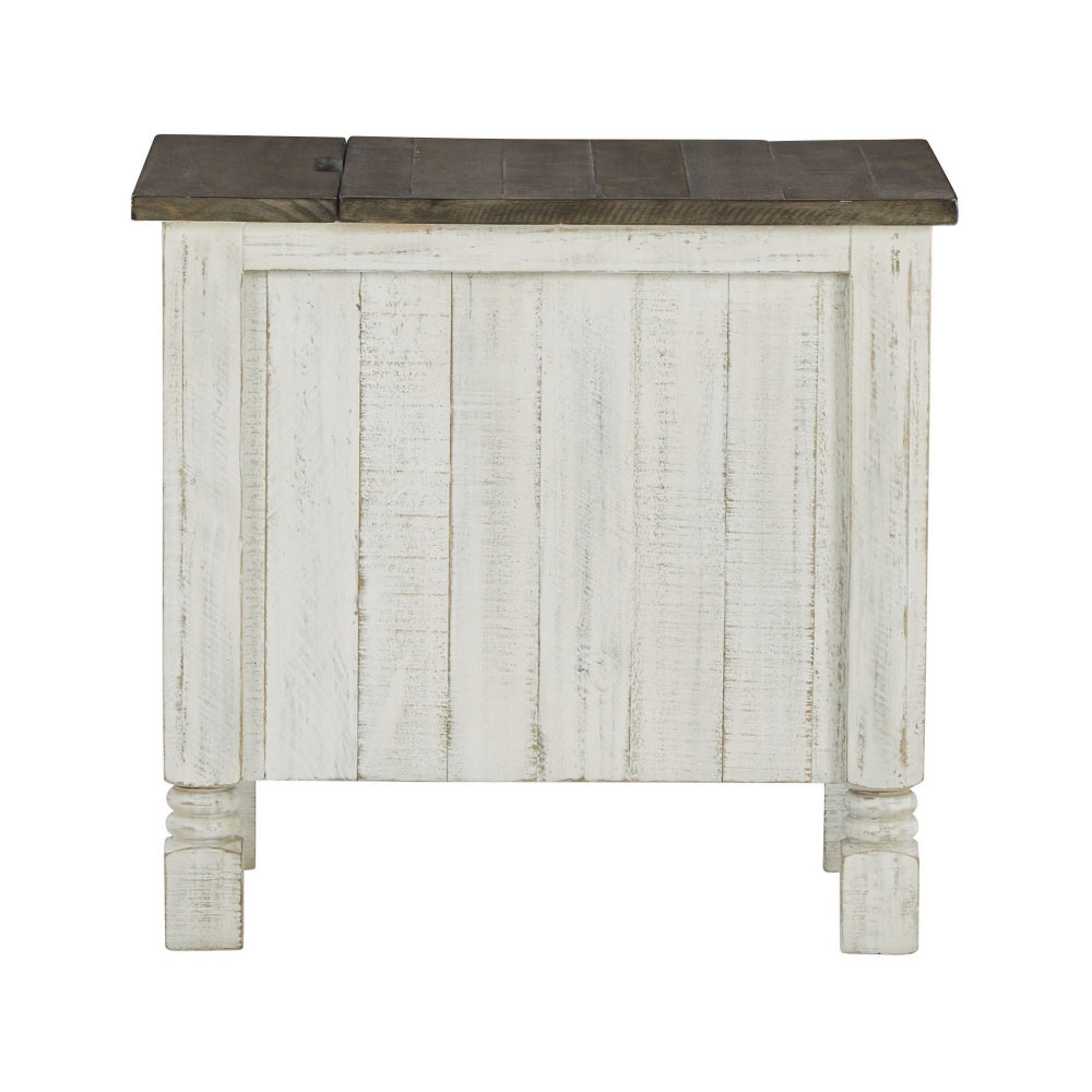 Benjara Tex 24 Inch Chairside End Table, Gray Plank Surface, USB Charger, White