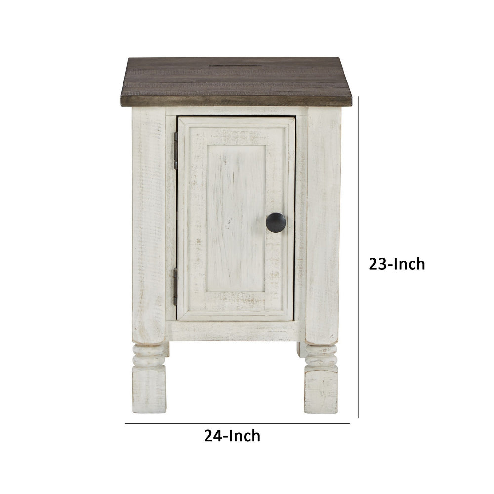 Benjara Tex 24 Inch Chairside End Table, Gray Plank Surface, USB Charger, White
