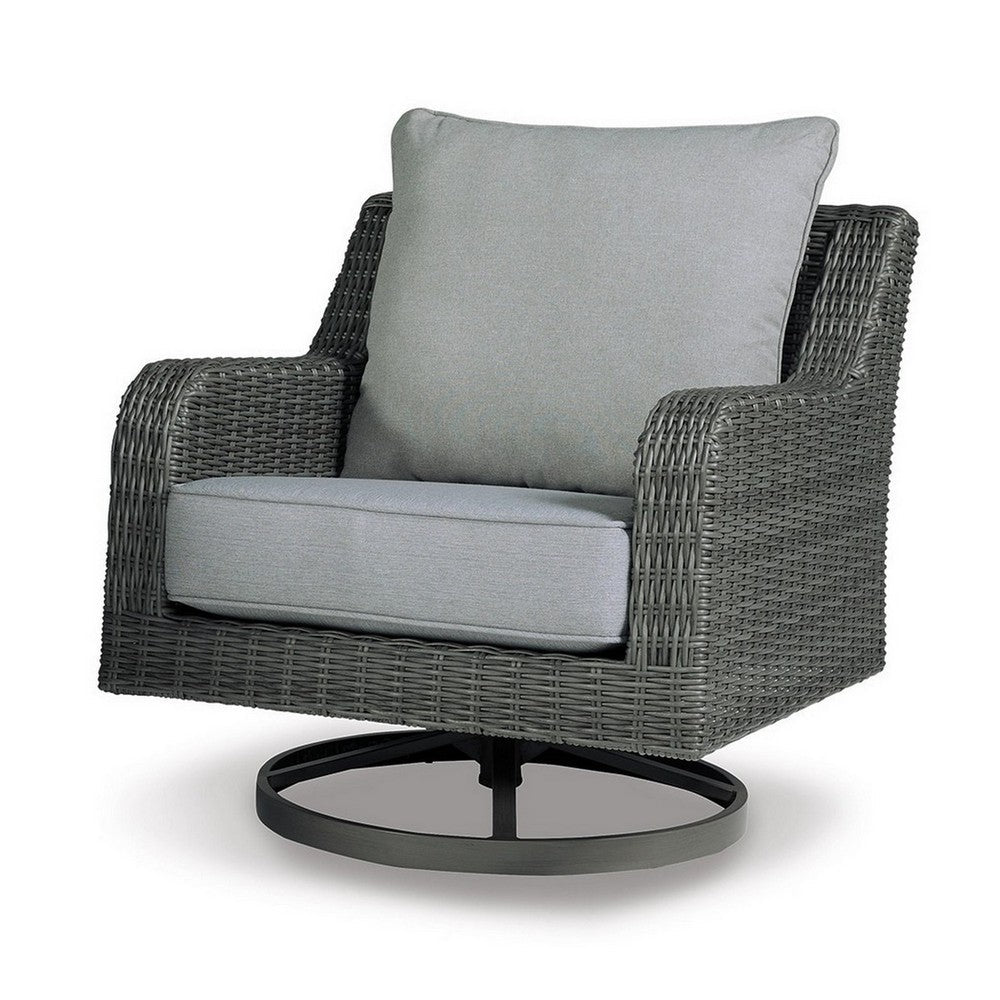 Benjara Asp 32 Inch Swivel Outdoor Lounge Chair, Aluminum Frame, Gray Upholstery