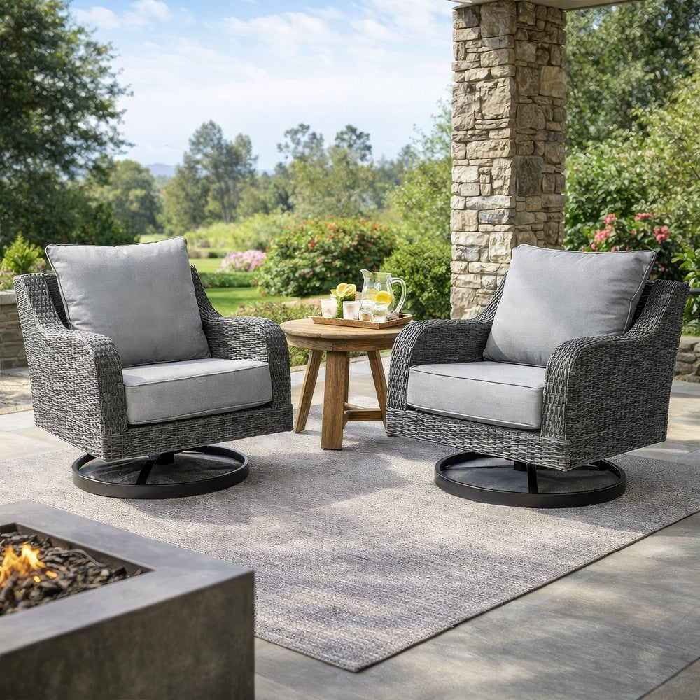 Benjara Asp 32 Inch Swivel Outdoor Lounge Chair, Aluminum Frame, Gray Upholstery
