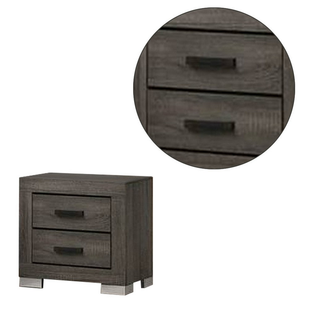 Benjara Lola 22 Inch Wood Nightstand with 2 Drawers, Metal Bar Handles, Dark Gray