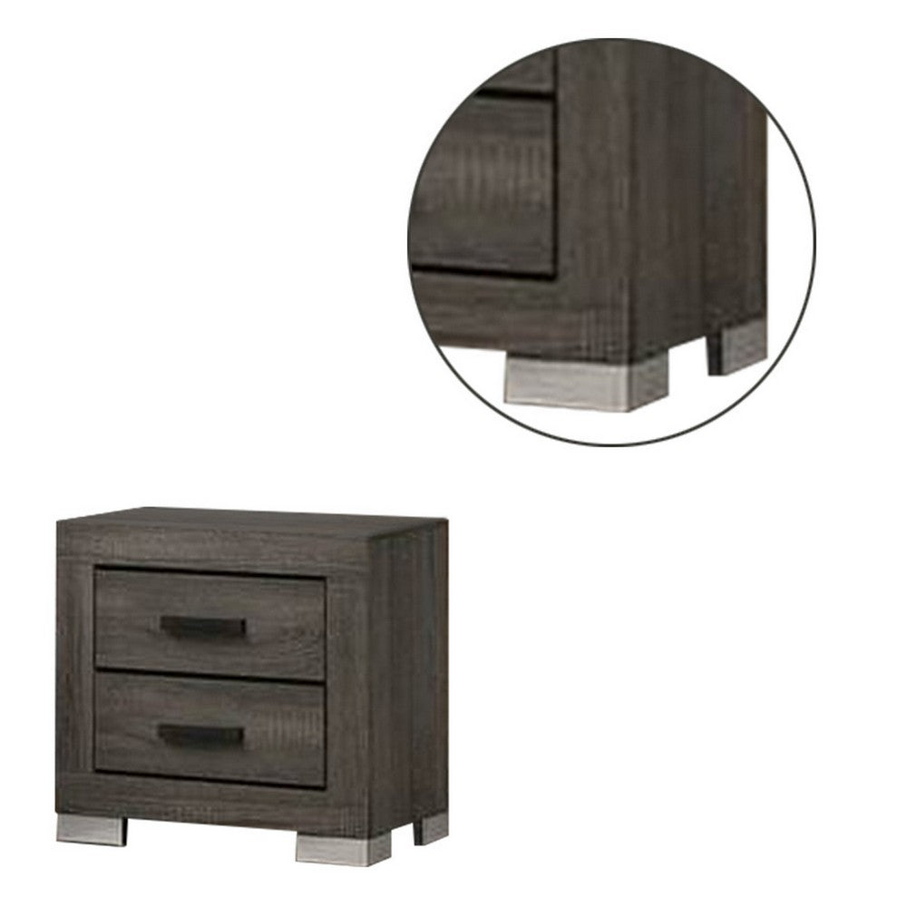Benjara Lola 22 Inch Wood Nightstand with 2 Drawers, Metal Bar Handles, Dark Gray