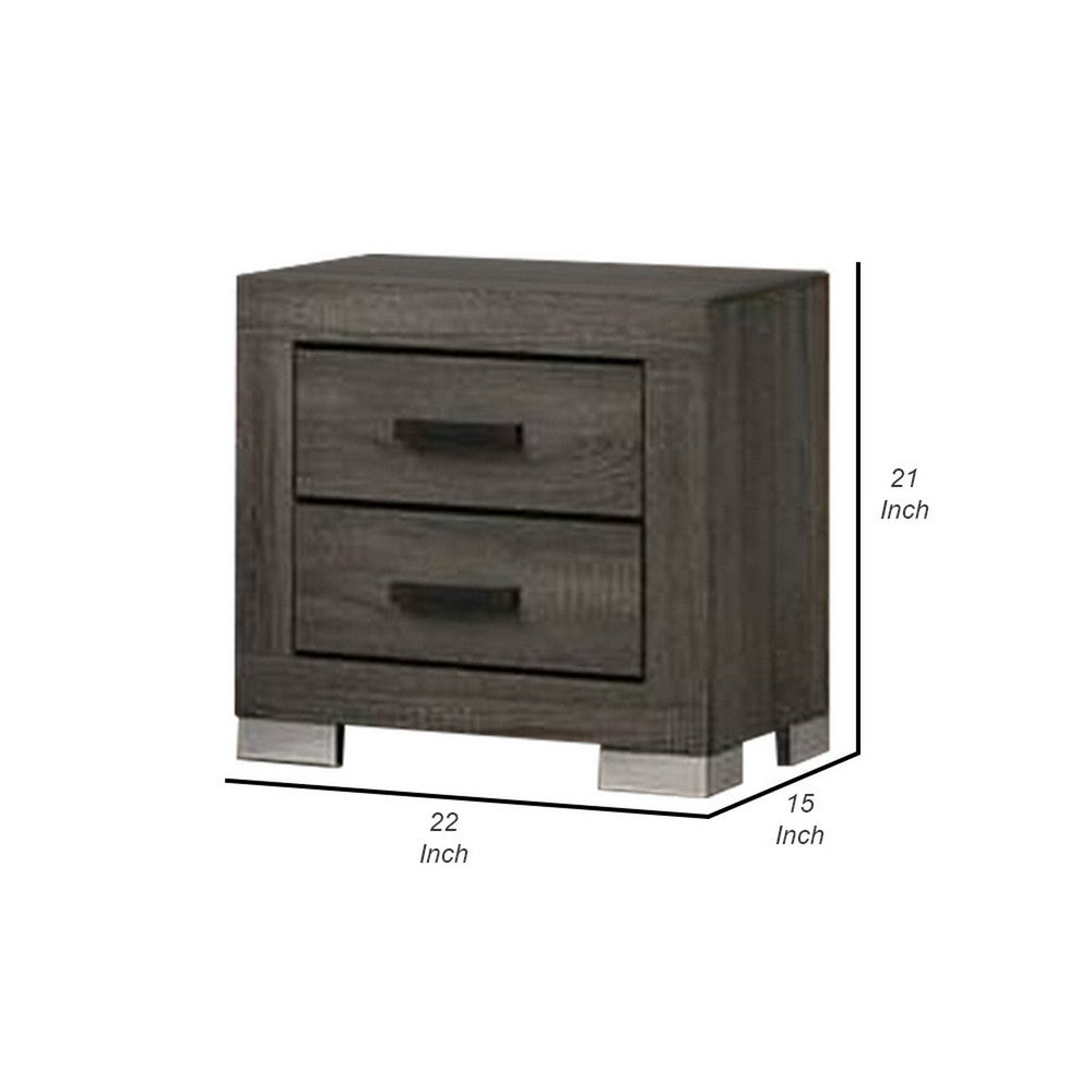 Benjara Lola 22 Inch Wood Nightstand with 2 Drawers, Metal Bar Handles, Dark Gray