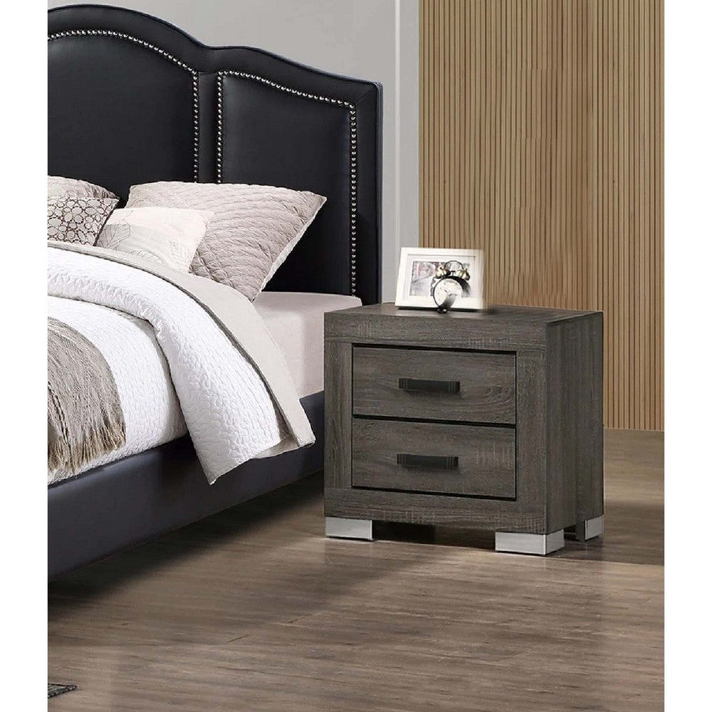 Benjara Lola 22 Inch Wood Nightstand with 2 Drawers, Metal Bar Handles, Dark Gray