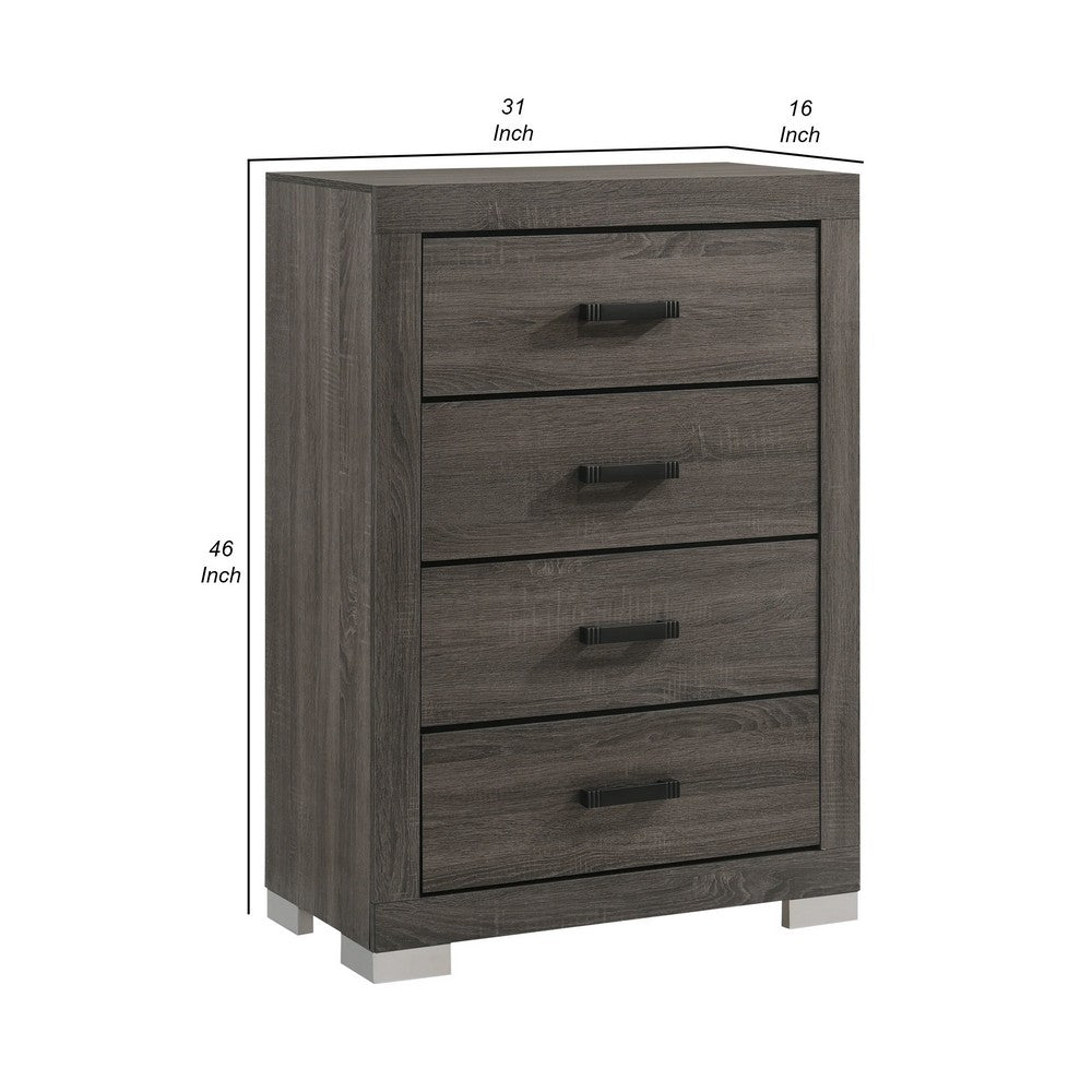 Benjara Lola 46 Inch Tall Dresser Chest, 4 Drawers, Metal Bar Handles, Dark Gray