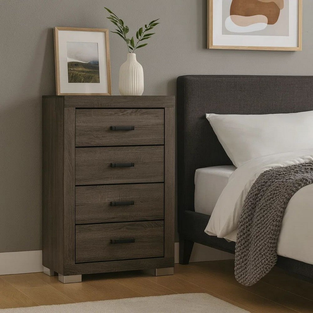 Benjara Lola 46 Inch Tall Dresser Chest, 4 Drawers, Metal Bar Handles, Dark Gray