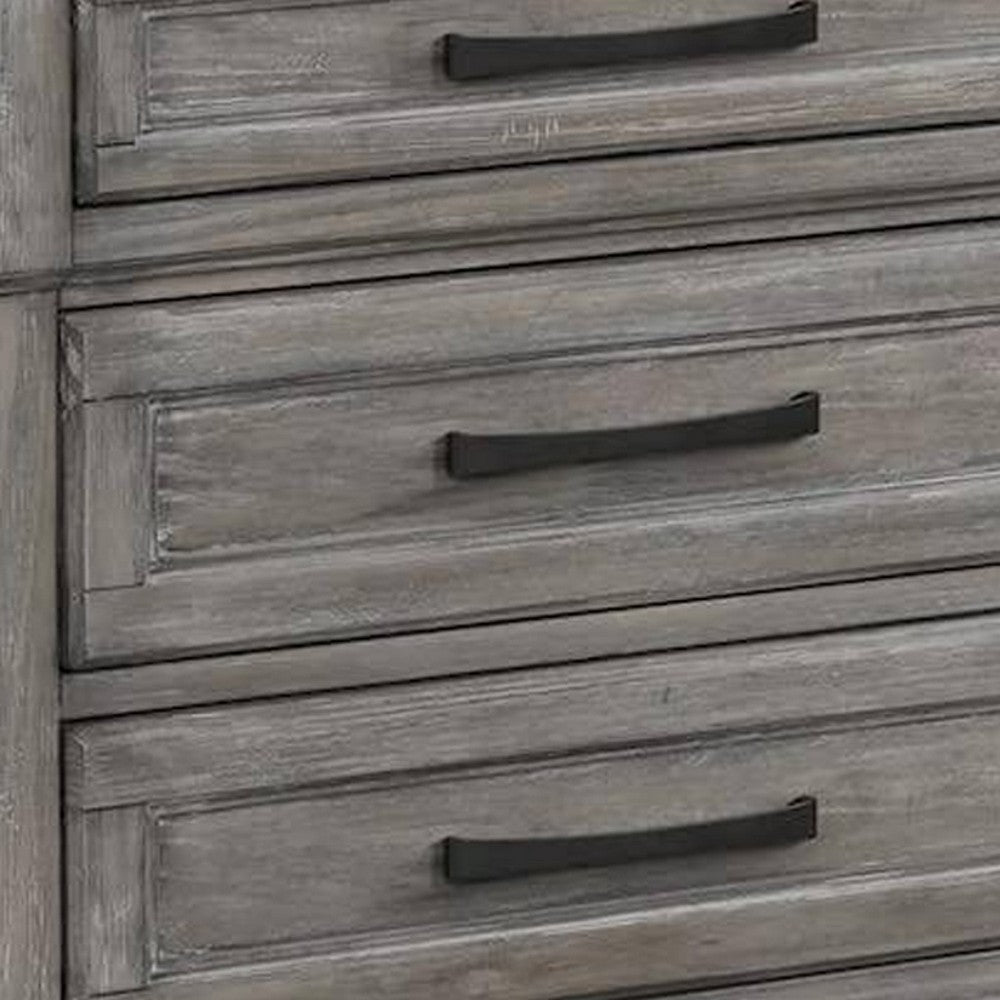 Benjara Demi 29 Inch Wood Nightstand with 3 Drawers, Metal Bar Handles, Oak Gray