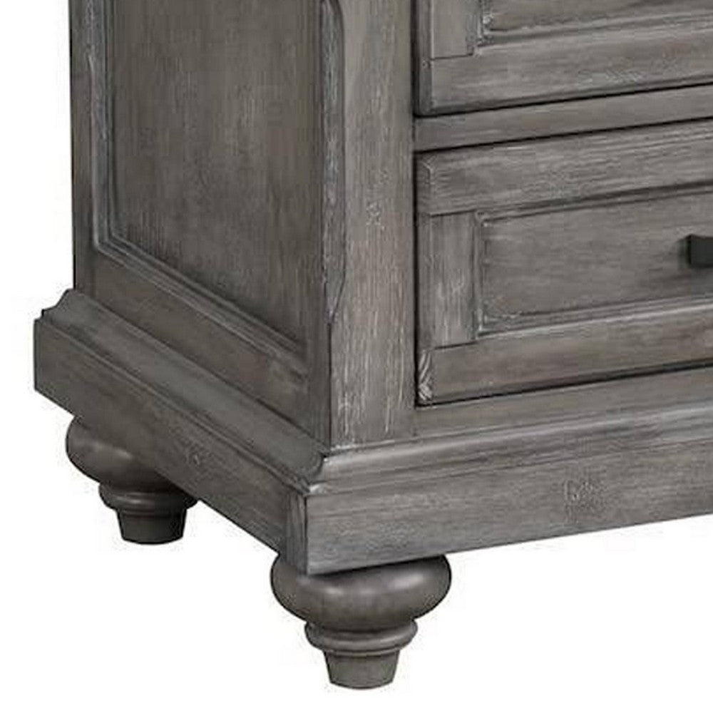 Benjara Demi 29 Inch Wood Nightstand with 3 Drawers, Metal Bar Handles, Oak Gray
