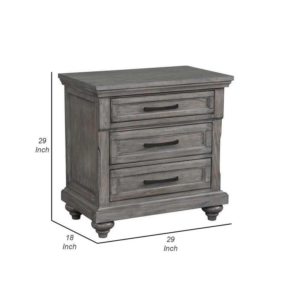 Benjara Demi 29 Inch Wood Nightstand with 3 Drawers, Metal Bar Handles, Oak Gray