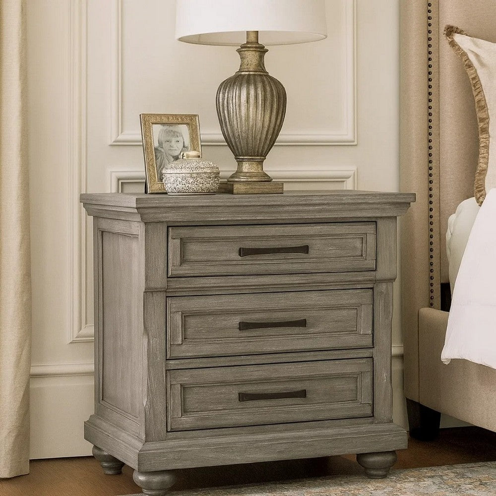 Benjara Demi 29 Inch Wood Nightstand with 3 Drawers, Metal Bar Handles, Oak Gray
