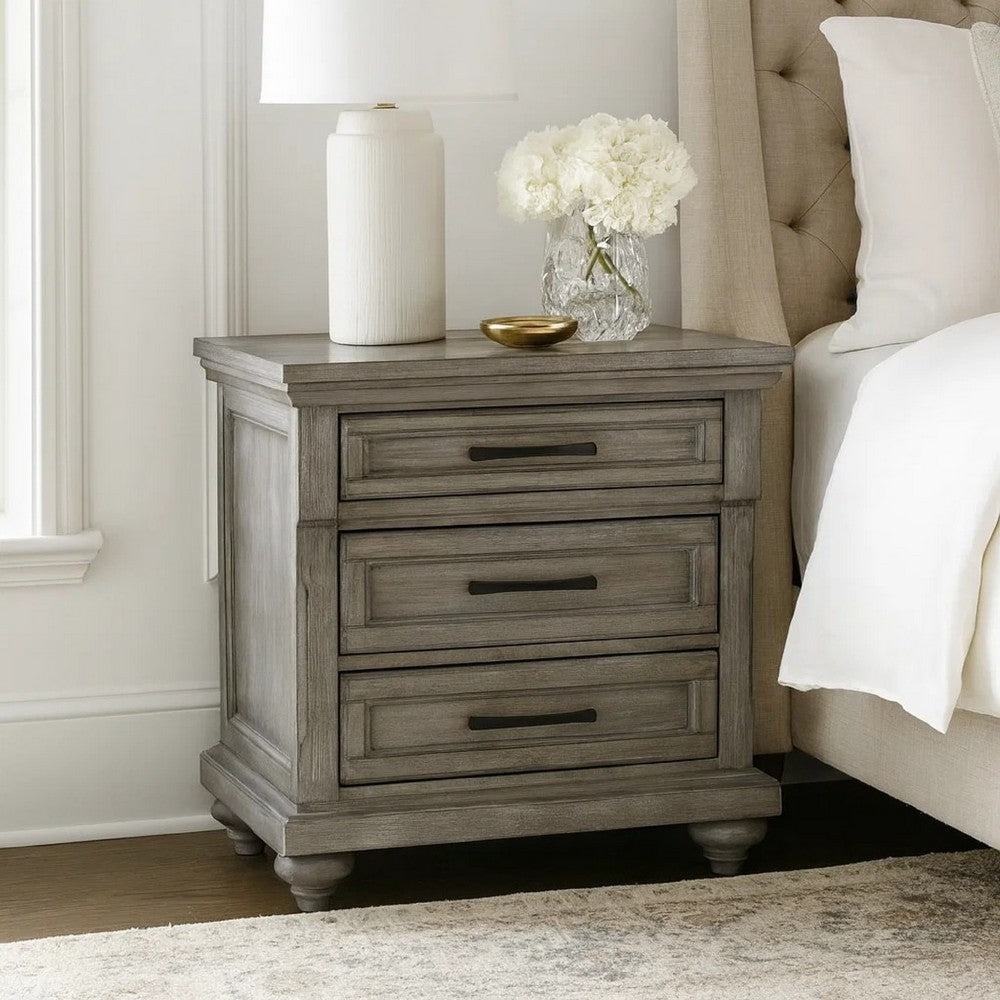 Benjara Demi 29 Inch Wood Nightstand with 3 Drawers, Metal Bar Handles, Oak Gray