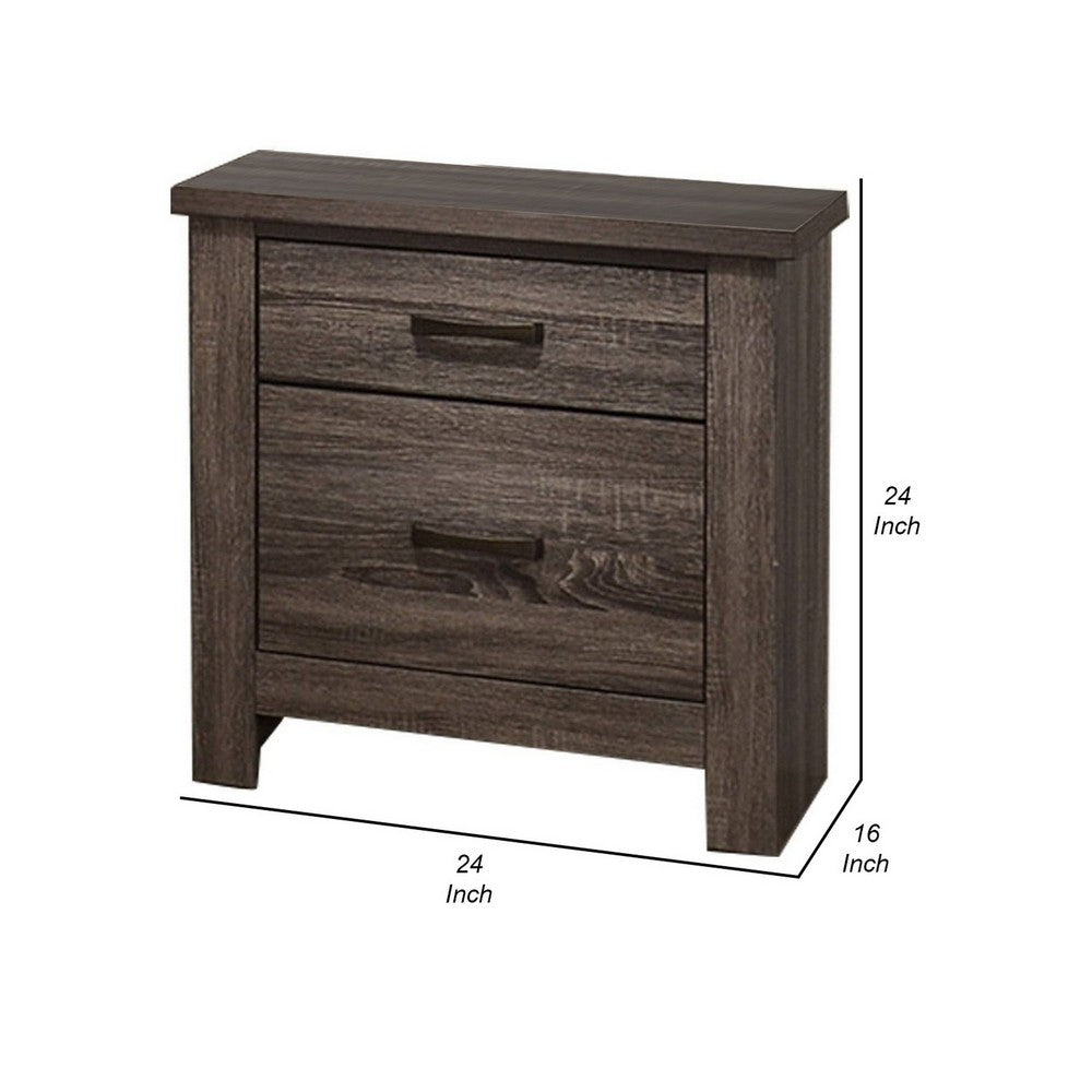 Benjara Soma 24 Inch Rustic 2 Drawer Nightstand, Sleek Metal Bar Handles, Oak Gray
