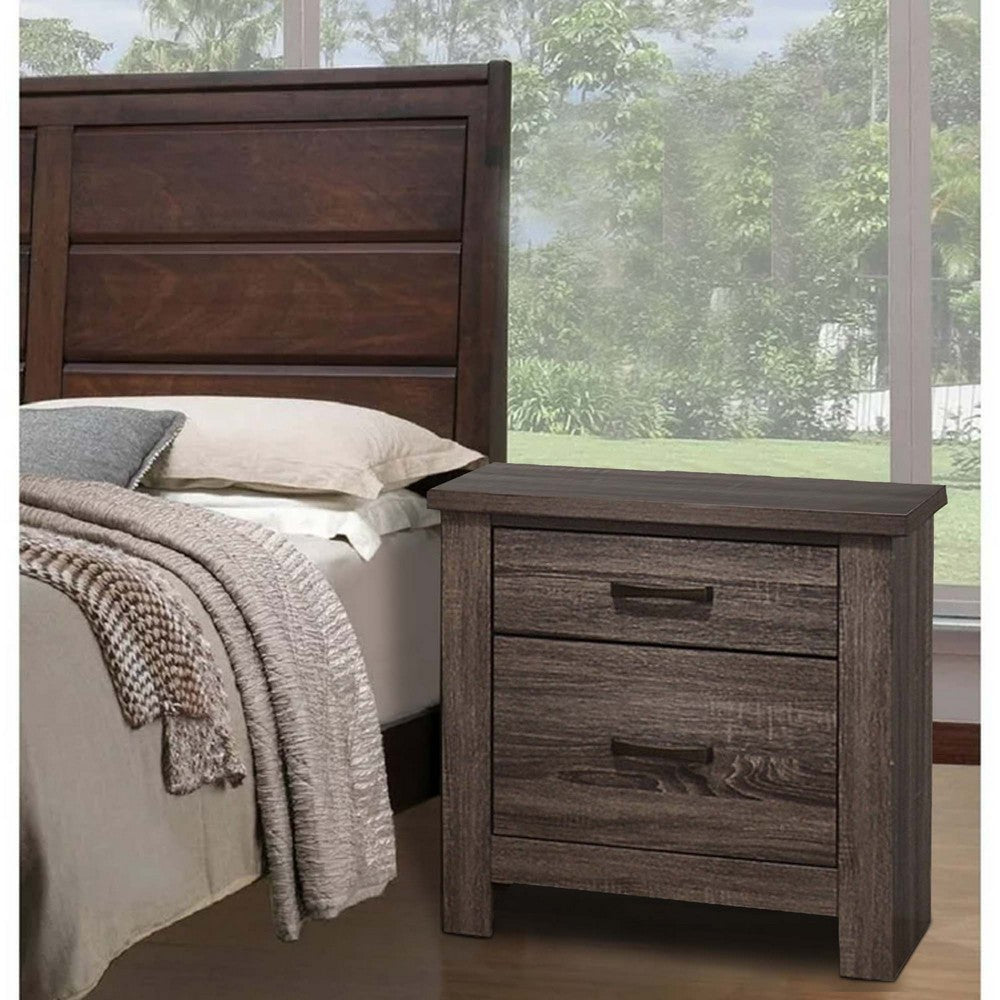 Benjara Soma 24 Inch Rustic 2 Drawer Nightstand, Sleek Metal Bar Handles, Oak Gray