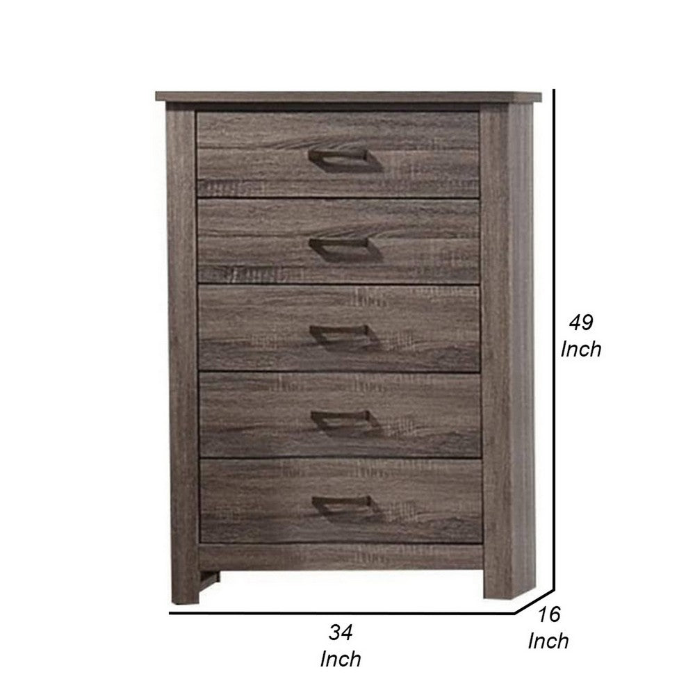Benjara Soma 49 Inch Rustic 5 Drawer Tall Dresser Chest, Bar Handles, Oak Gray