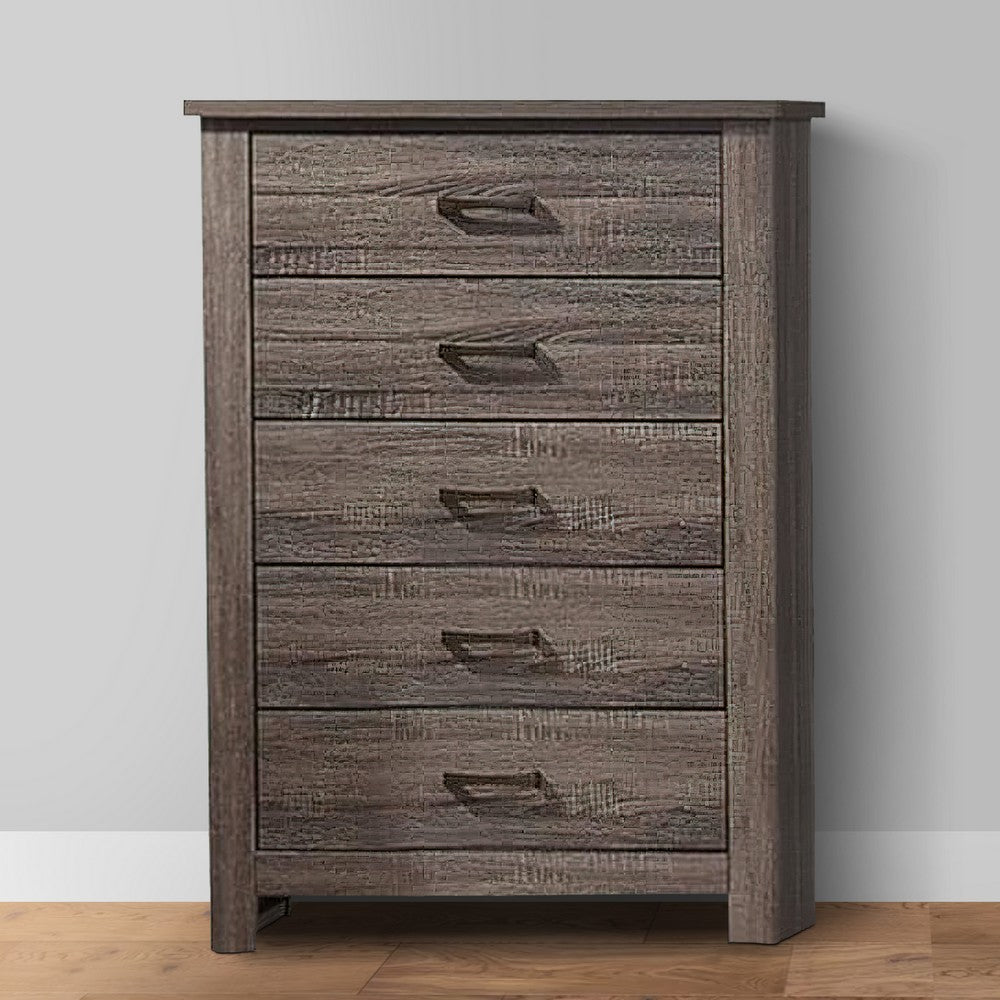 Benjara Soma 49 Inch Rustic 5 Drawer Tall Dresser Chest, Bar Handles, Oak Gray