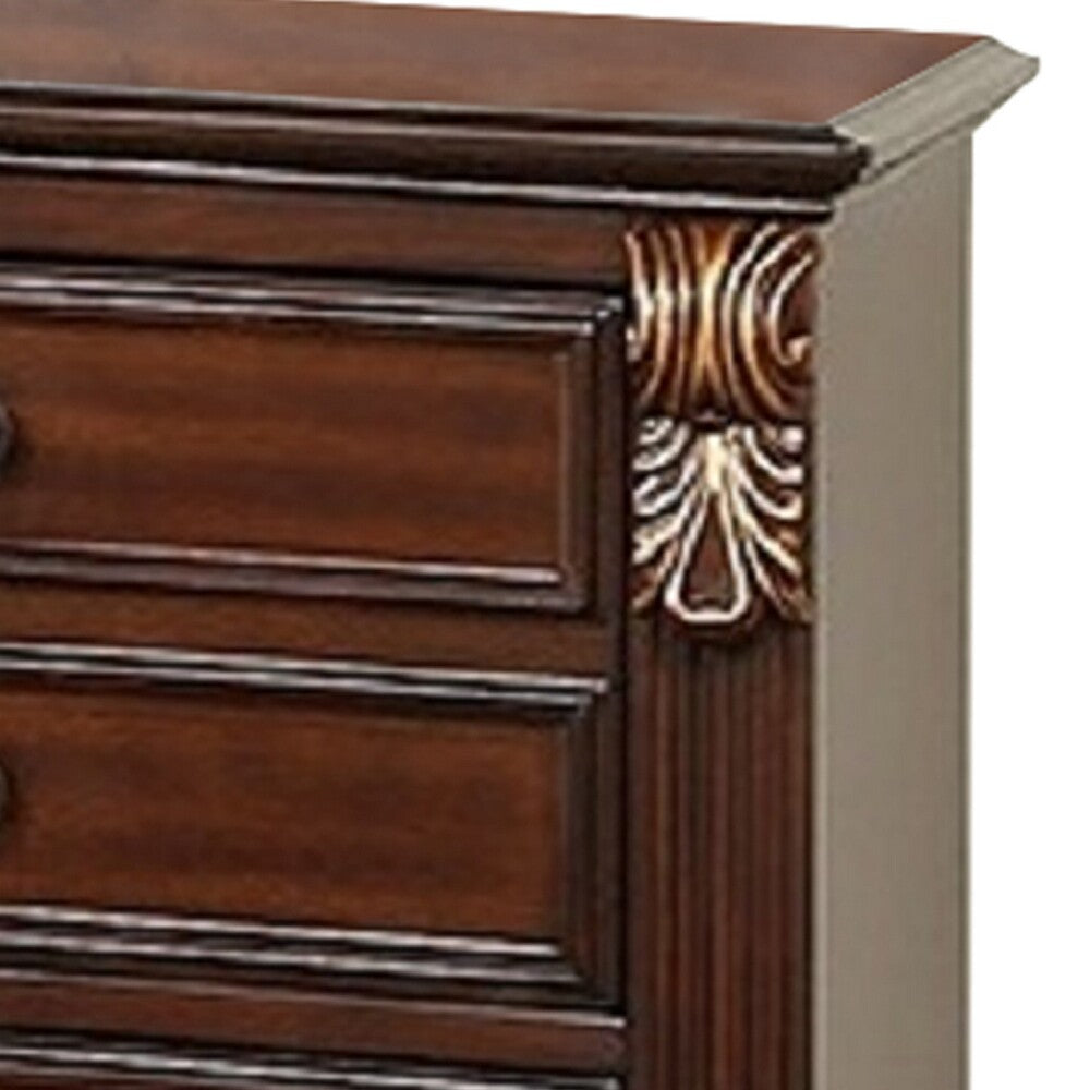 Benjara Miri 25 Inch 3 Drawer Nightstand, Brass Carved Accents, Cherry Oak Brown