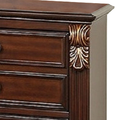 Benjara Miri 25 Inch 3 Drawer Nightstand, Brass Carved Accents, Cherry Oak Brown