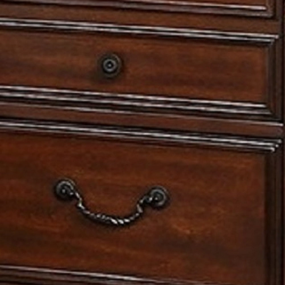 Benjara Miri 25 Inch 3 Drawer Nightstand, Brass Carved Accents, Cherry Oak Brown