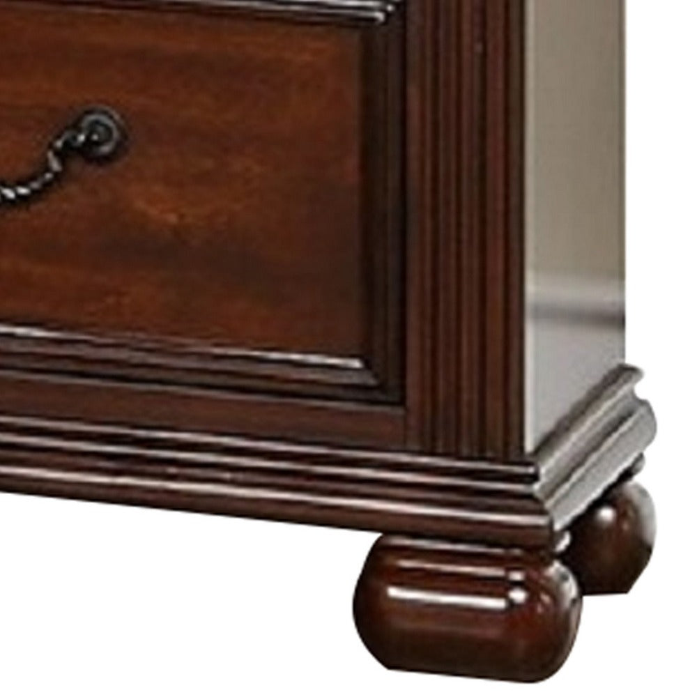 Benjara Miri 25 Inch 3 Drawer Nightstand, Brass Carved Accents, Cherry Oak Brown