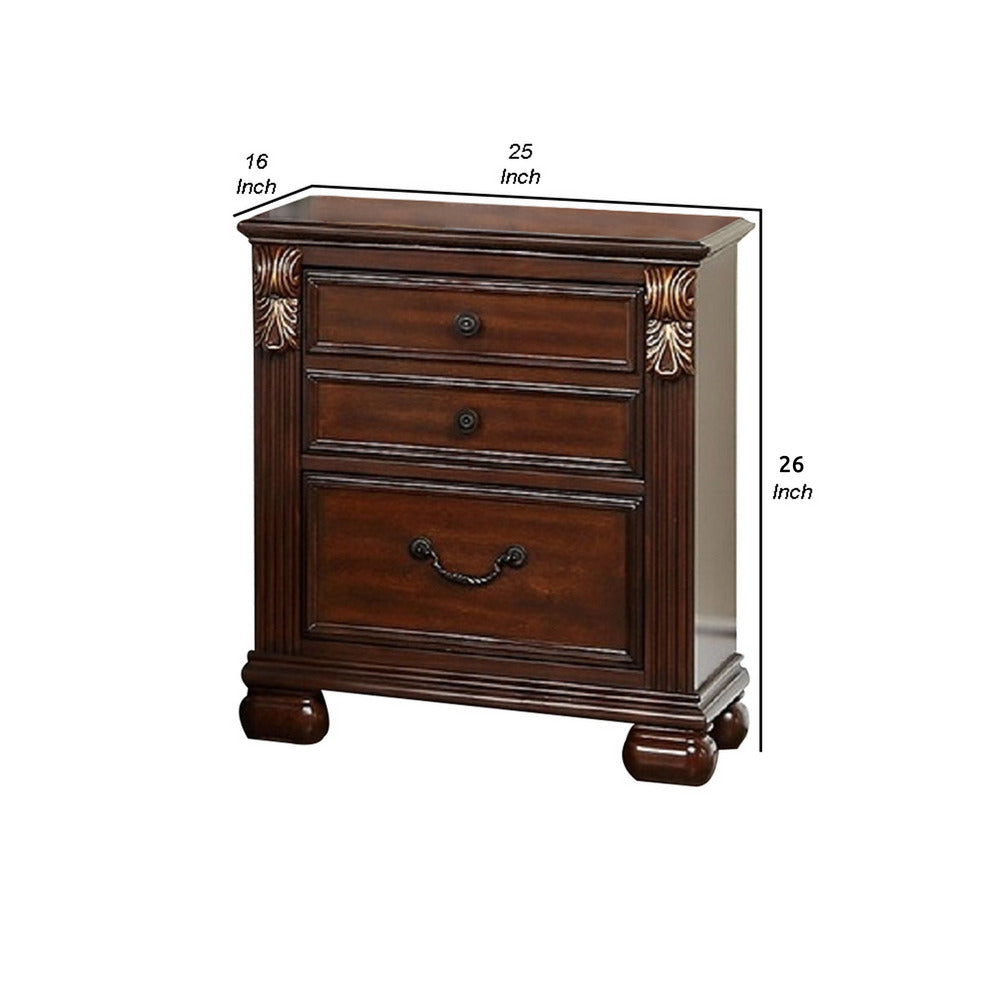Benjara Miri 25 Inch 3 Drawer Nightstand, Brass Carved Accents, Cherry Oak Brown