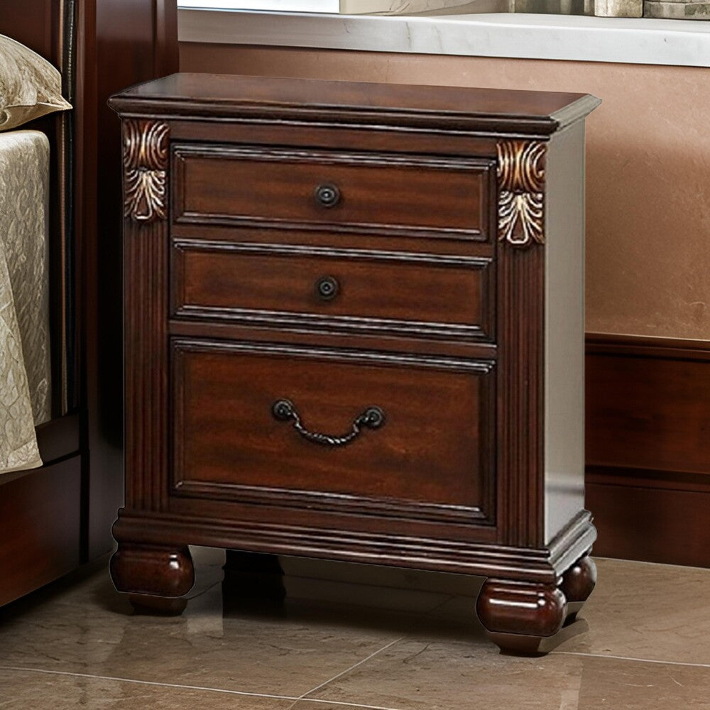 Benjara Miri 25 Inch 3 Drawer Nightstand, Brass Carved Accents, Cherry Oak Brown